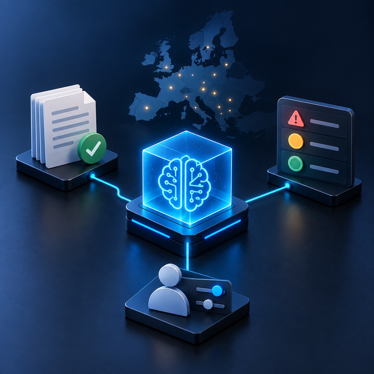 Illustratie van AI-governance met verbonden systemen, controles en documentatie